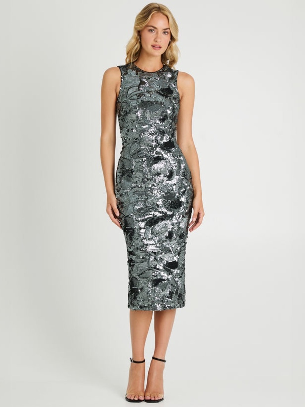 HELSI Alex High Neck Floral Sequin Midi Dress– Gunmetal  Silver Size XS